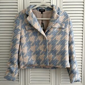 NWT Express Blue and Cream Houndstooth Tweed Cropped Jacket | Size Small